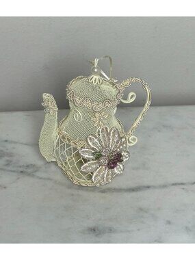 Vintage Wire Mesh Teapot Ornament With Pearl Accents & Floral Embellishments